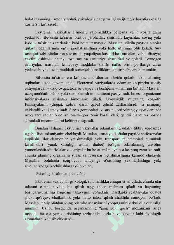 Mavzu: “Ekstremal vaziyatlarda jismoniy va psixologik tiklanish” kurs ishi 7