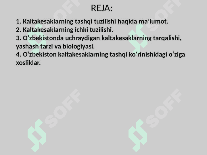 KALTAKESAKLAR, OʻZBEKISTON FAUNASIDAGI ASOSIY TURLARINING HAYOTI. 2