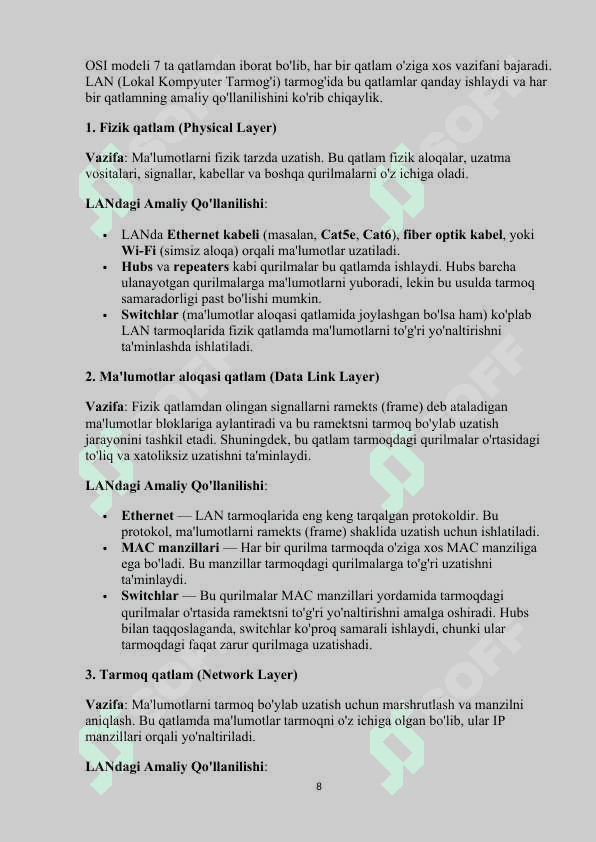 LOKAL KOMPYUTER TARMOG’IDA OSI MODELI BILAN ISHLASH 8