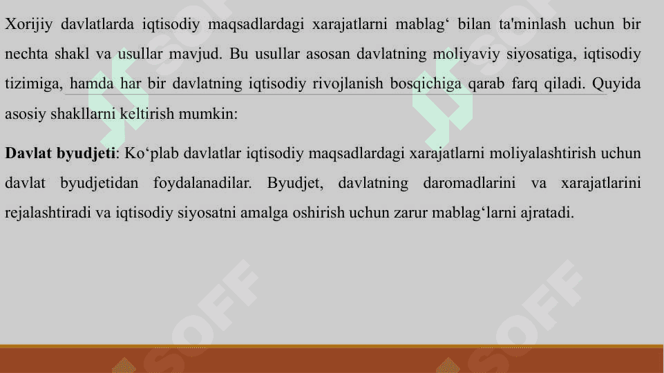 "XORIJIY DAVLATLARDA IQTISODIY MAQSADLARDAGI XARAJATLARNING MABLAG‘ BILAN TA‘MINLASHNING QANDAY SHAKLLARI VA USULLARI MAVJUD" 3