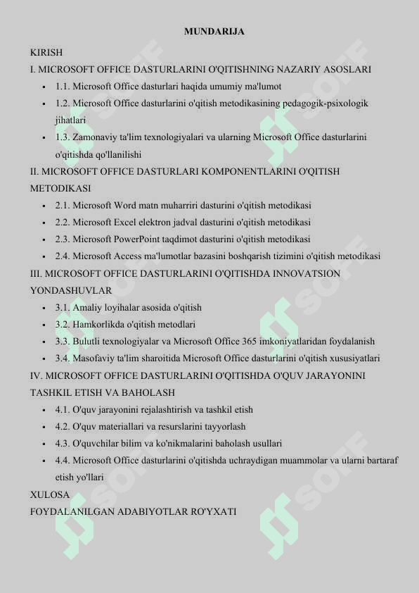 Kurs ishi. MICROSOFT OFFICE DASTURINI O'QITISH METODIKASI 2
