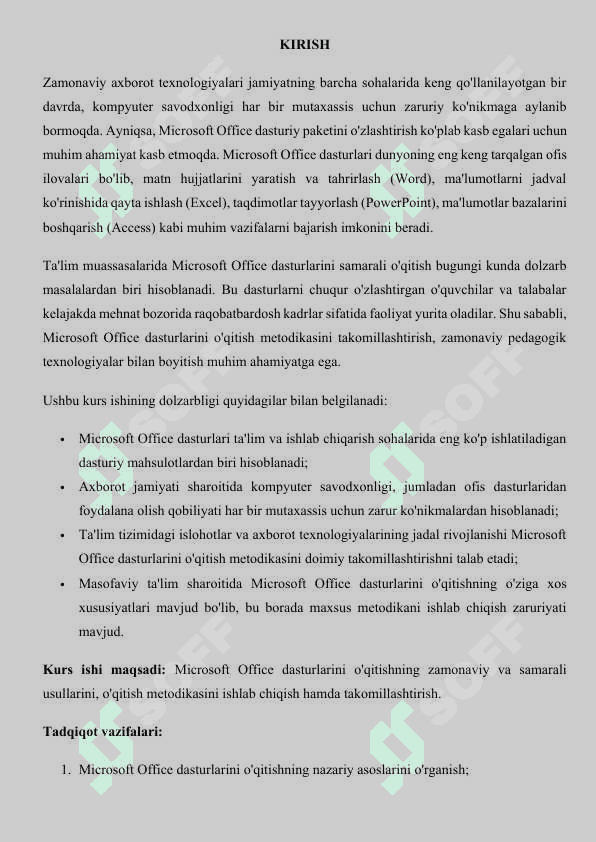 Kurs ishi. MICROSOFT OFFICE DASTURINI O'QITISH METODIKASI 3