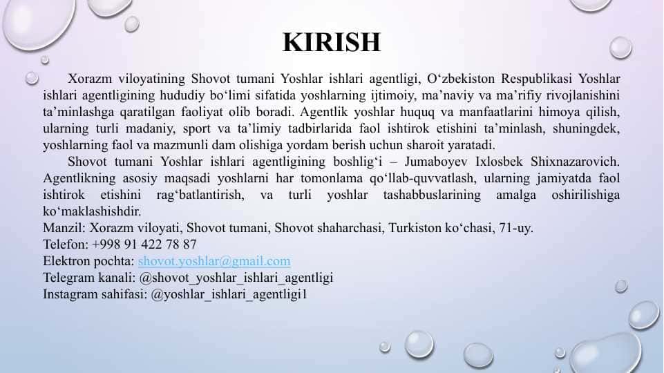Yoshlar ishlari agentligi malakaviy amaliyot hisoboti