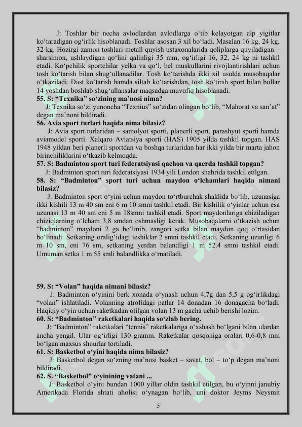 Jismoniy tarbiya fanidan yopiq test savollar va javoblar. 1001 test 5