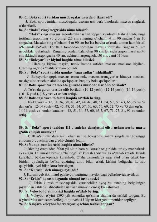Jismoniy tarbiya fanidan yopiq test savollar va javoblar. 1001 test 8