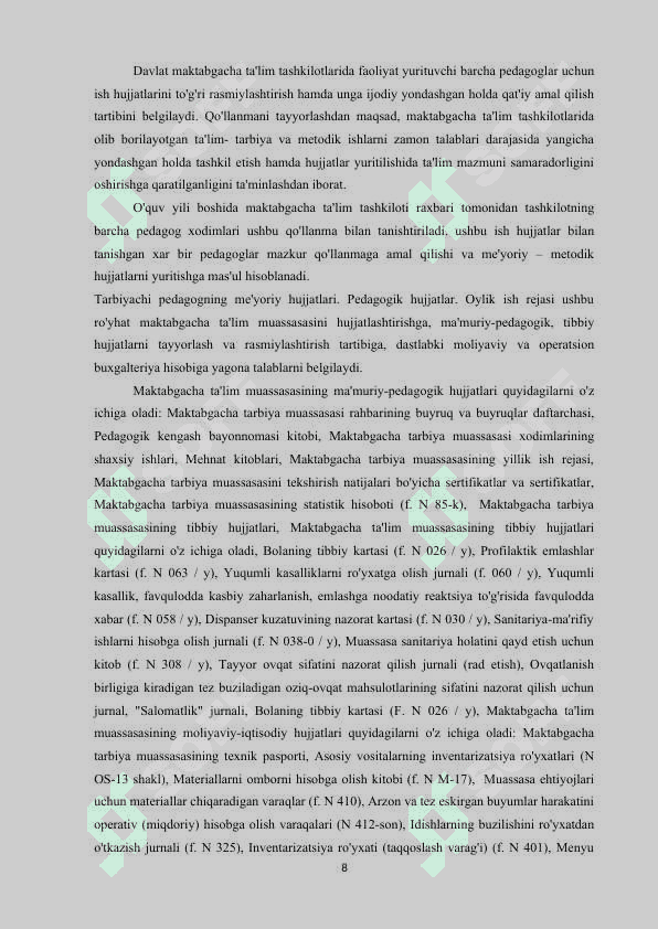MAKTABGACHA TA’LIM TASHKILOTLARI TARBIYACHI PEDAGOGLARNING ISH HUJJATLARI 8
