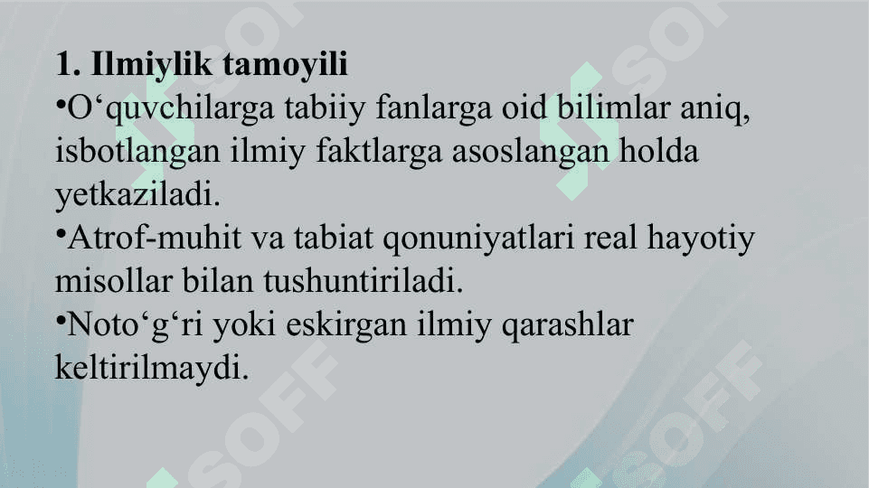 Tabiiy fanlar nazariyasi va metodikasi fanining tamoyillari va qonuniyati.     Tabiiy fanlar nazariyasi va metodikasi fanini o‘qitishga doir tasavvur va tushunchalarni shakllantirishning metodik asoslari. 5