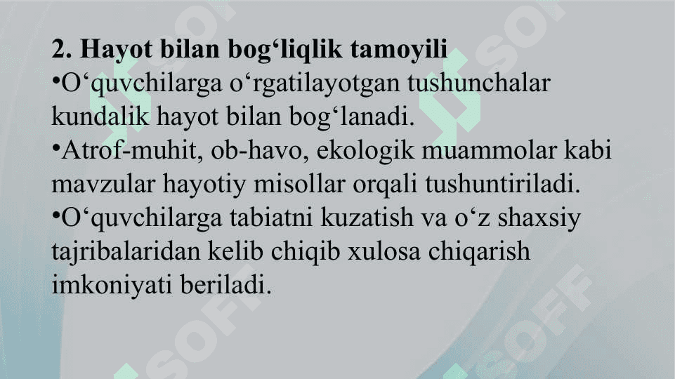 Tabiiy fanlar nazariyasi va metodikasi fanining tamoyillari va qonuniyati.     Tabiiy fanlar nazariyasi va metodikasi fanini o‘qitishga doir tasavvur va tushunchalarni shakllantirishning metodik asoslari. 6