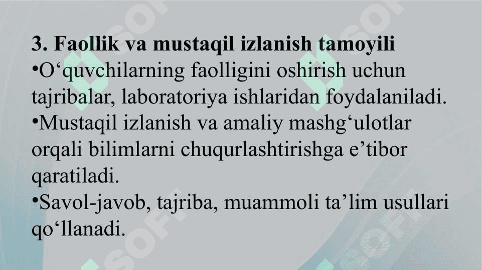 Tabiiy fanlar nazariyasi va metodikasi fanining tamoyillari va qonuniyati.     Tabiiy fanlar nazariyasi va metodikasi fanini o‘qitishga doir tasavvur va tushunchalarni shakllantirishning metodik asoslari. 7