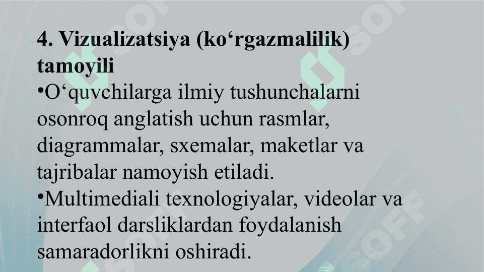 Tabiiy fanlar nazariyasi va metodikasi fanining tamoyillari va qonuniyati.     Tabiiy fanlar nazariyasi va metodikasi fanini o‘qitishga doir tasavvur va tushunchalarni shakllantirishning metodik asoslari. 8
