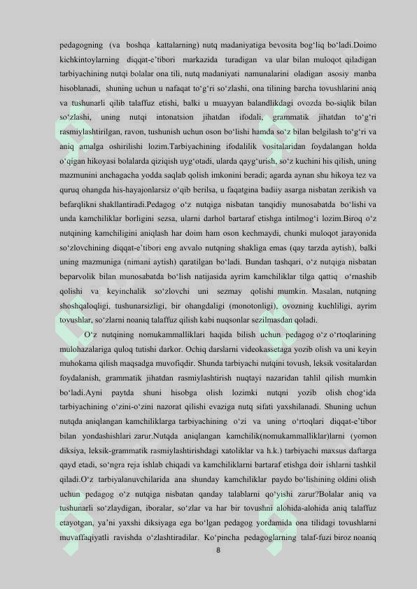 MAKTABGACHA TA’LIM TASHKILOTLARIDA BOLALARGA NUTQ O’STIRISH JARAYONINI TASHKIL ETISH 8