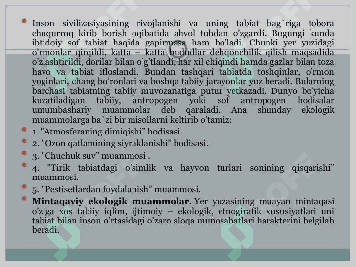 Hozirgi zamon ekologik muammolari tahlili. Ularni bartaraf etish yo`llari 4