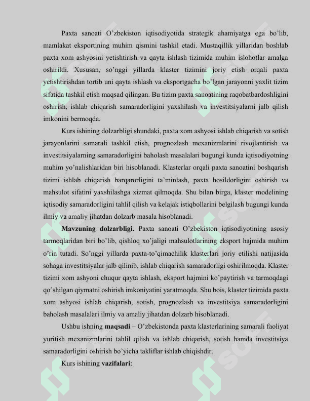 Klasterlarda paxta xom ashyosi ishlab chiqarish va sotish va prognozlash va investitsiyalar samaradorligini baholash... 3