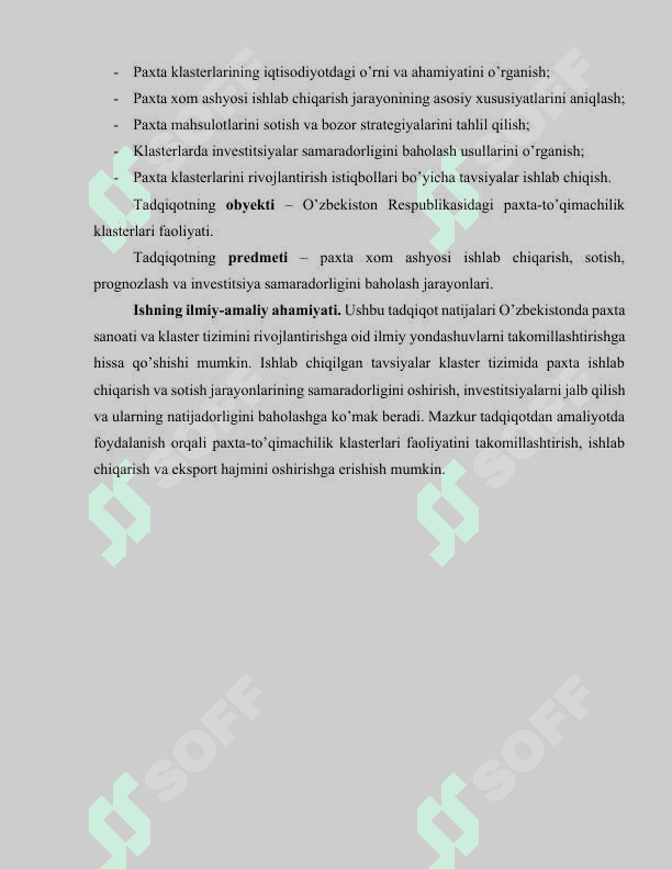 Klasterlarda paxta xom ashyosi ishlab chiqarish va sotish va prognozlash va investitsiyalar samaradorligini baholash... 4