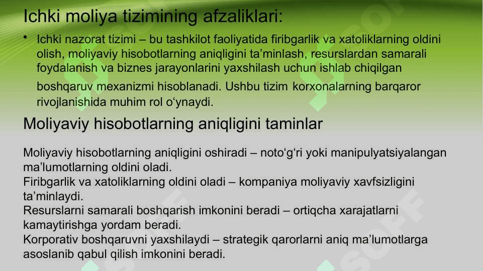 Ichki nazorat tizimining afzaliklari va kamchiliklari 2