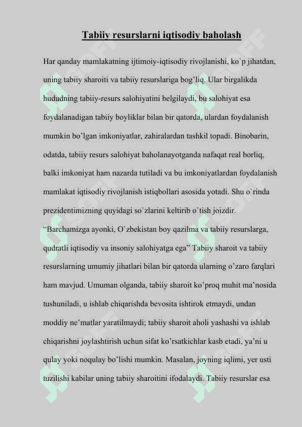 Tabiiy resurslarni iqtisodiy baholash mavzusida Kurs ishi 2