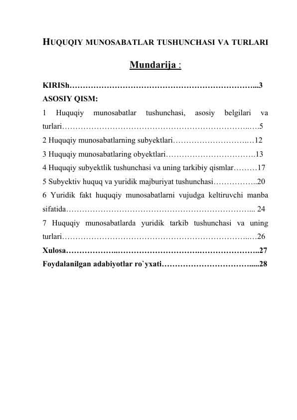 HUQUQIY MUNOSABATLAR TUSHUNCHASI VA TURLARI
