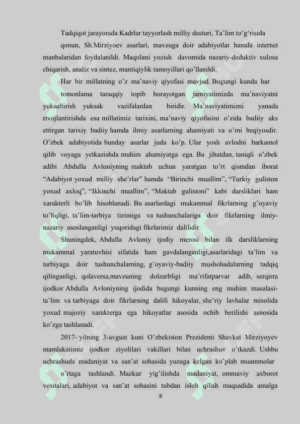 A.AVLONIYNING “TURKIY GULISTON YOXUD AXLOQ” ASARI MA'NAVIY AXLOQIY TARBIYA 8