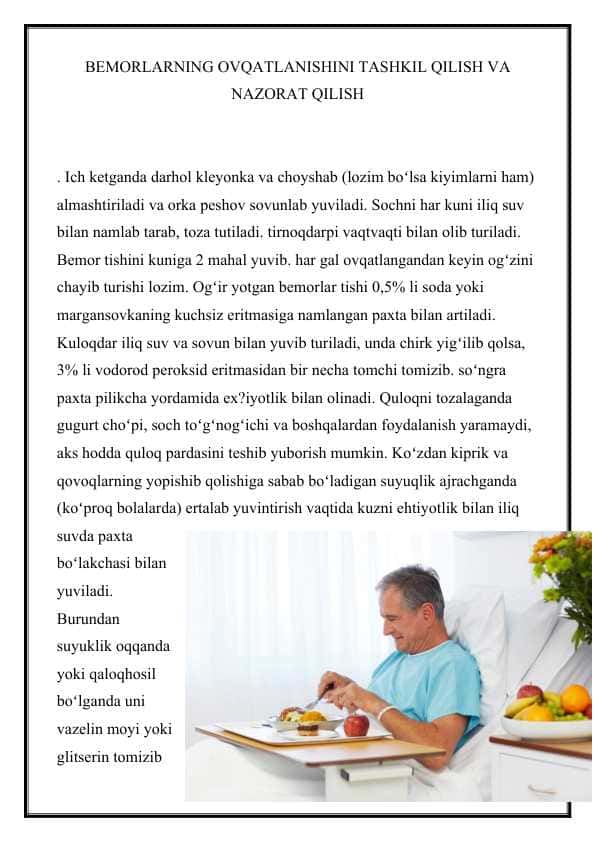 BEMORLARNING OVQATLANISHINI TASHKIL QILISH VA NAZORAT QILISH