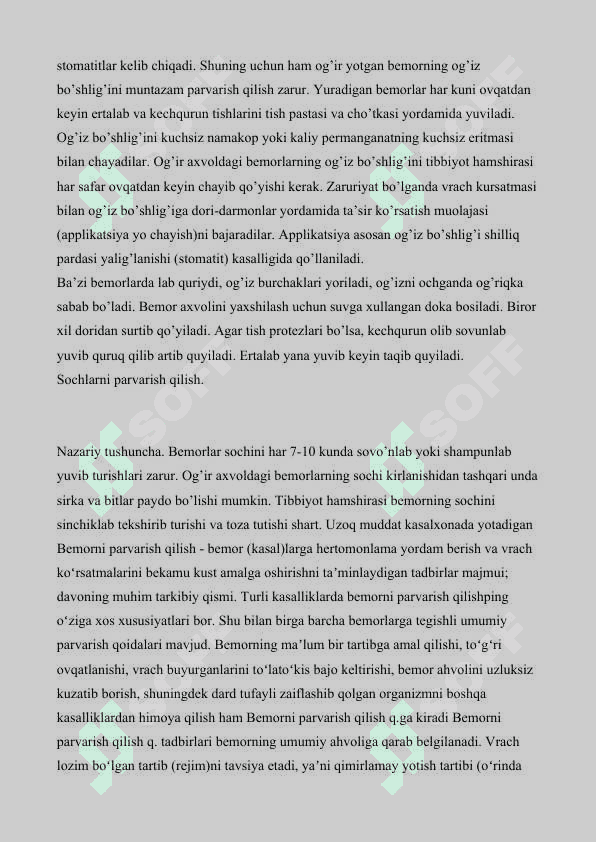 BEMOR SHAXSIY GIGIENASINI TA’MINLASH BUYICHA TADBIRLAR. BEMORLAR O’VQATLANISHI 3