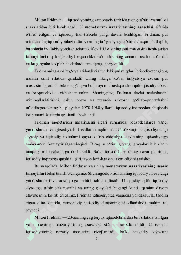 m.fridmen monetarizm nazariy oqimining  asoschisi 3