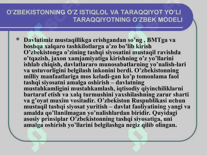 Bozor iqtisodiyotiga o`tishning o`zbek modeli va uning xususiyatlariBozor iqtisodiyotiga o`tishning o`zbek modeli va uning xususiyatlari 2