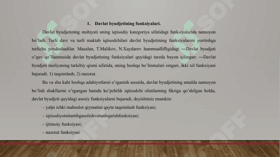 Davlat byudjeti va uning milliy daromadni taqsimlash va qayta taqsimlashdagi o’rni 8
