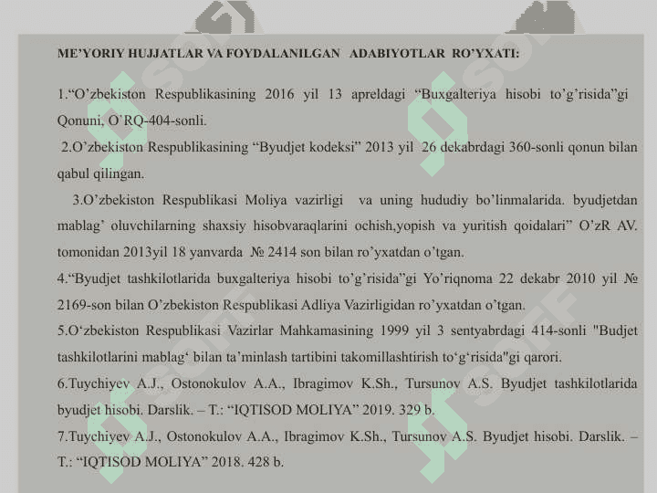 BYUDJET HISOBINING STANDARTLARI VA ULARNING MAZMUNI 2