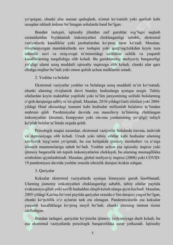 Mavzu: “Ekstremal vaziyatlarlarning turli guruhlarga tasiri ” kurs ishi 5