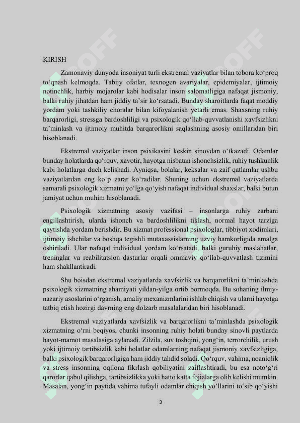 Mavzu: “Ekstremal vaziyatlarda xavfsizlik va barqarorlikni taminlashda psixologik xizmat” kurs ishi 3