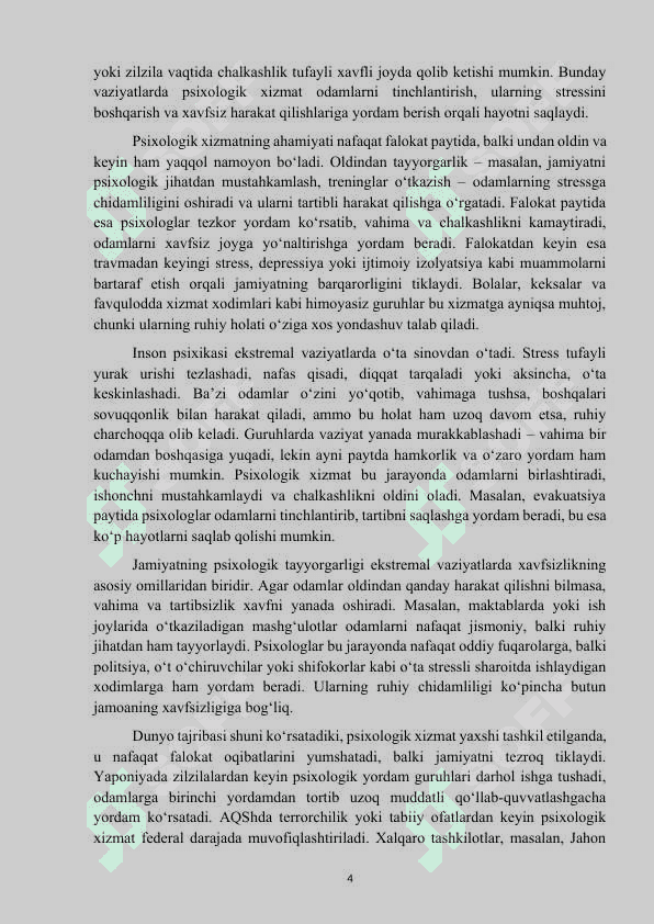 Mavzu: “Ekstremal vaziyatlarda xavfsizlik va barqarorlikni taminlashda psixologik xizmat” kurs ishi 4