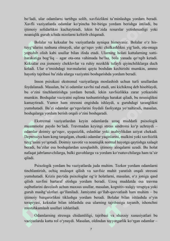 Mavzu: “Ekstremal vaziyatlarda xavfsizlik va barqarorlikni taminlashda psixologik xizmat” kurs ishi 7