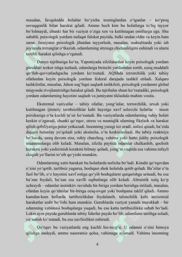 Mavzu: “Ekstremal vaziyatlarda xavfsizlik va barqarorlikni taminlashda psixologik xizmat” kurs ishi 8