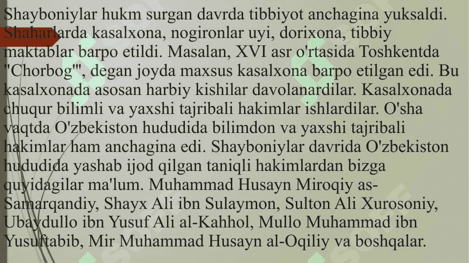 O`zbek xonliklari davrida tibbiyotning rivojlanishi O`zbek xonliklari davrida tibbiyotning rivojlanishi 3