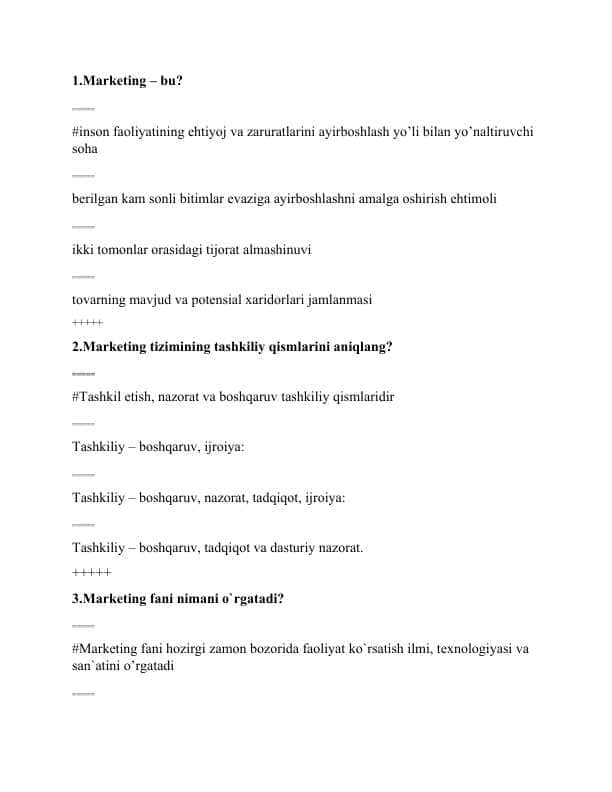 Marketing Test javoblari bilan