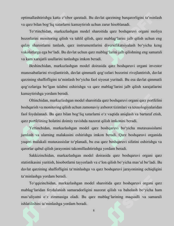 Davlat qarzini boshqarishning markazlashgan modeli va uning o‘ziga xos xususiyatlari 8