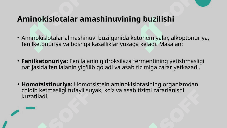 Aminokislotalar, uglevodlar, lipidlar almashinuvining buzilishi bo'yicha kasalliklarni kelib chiqishi. 3