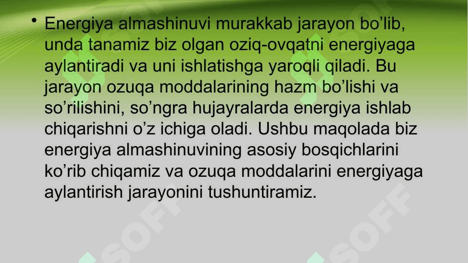 Energiya almashinuvi bosqichlari haqida 2