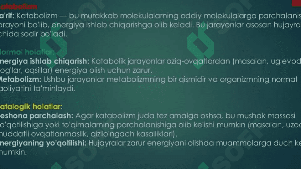 Katabolizm va anabolizm  .  Ularning normal va patologik holatlarda o'zgarishlari 4