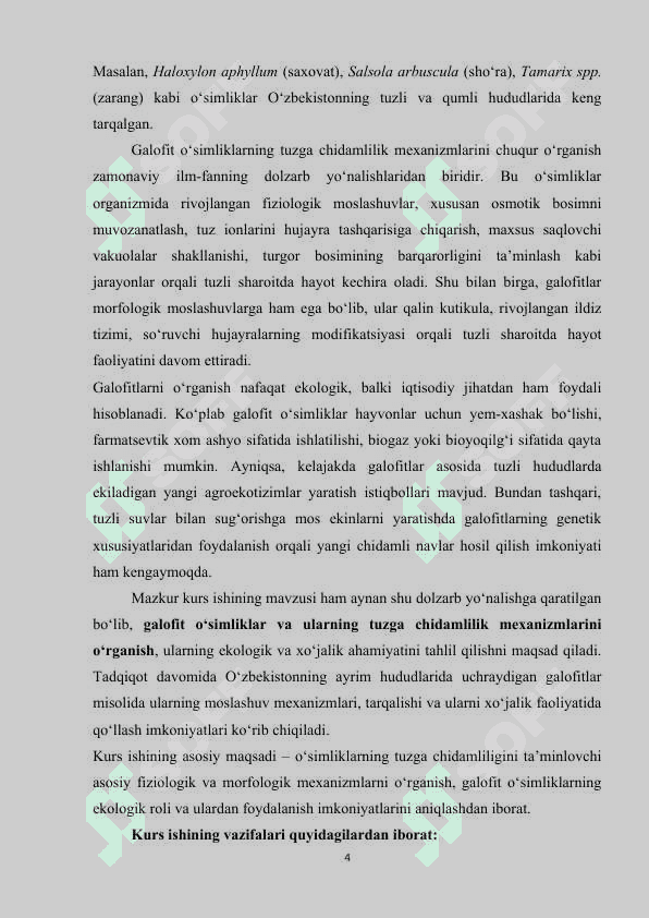 Galofit o‘simliklar. O‘simliklarning tuzga chidamliligi 4