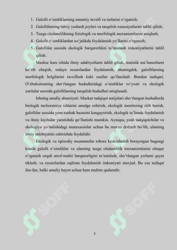 Galofit o‘simliklar. O‘simliklarning tuzga chidamliligi 5