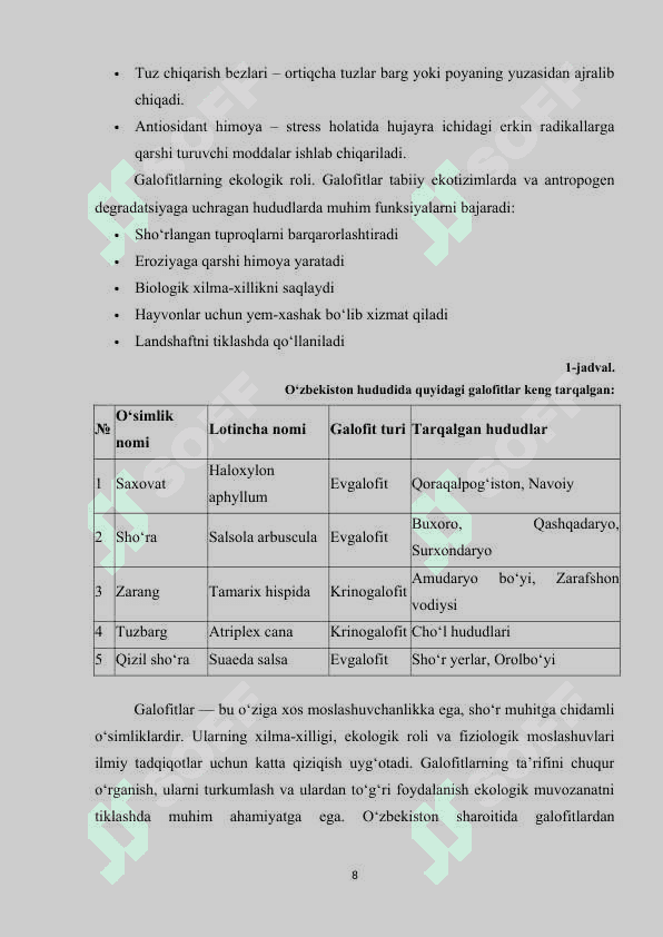 Galofit o‘simliklar. O‘simliklarning tuzga chidamliligi 8