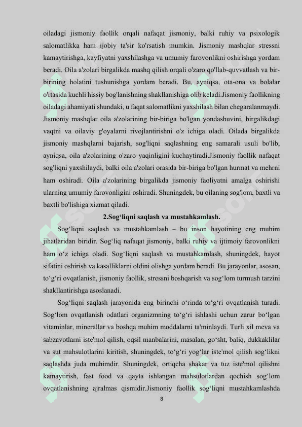 Oilada mustaqil jismoniy mashqlar bilan shug'ullanish mashg‘ulotlari 8
