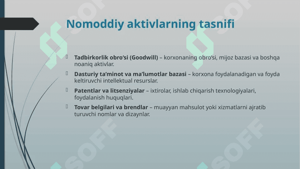 9-son BHMS «Nomoddiy aktivlar». Nomoddiy aktivlar hisobining ahamiyati va vazifalari.pptx 6