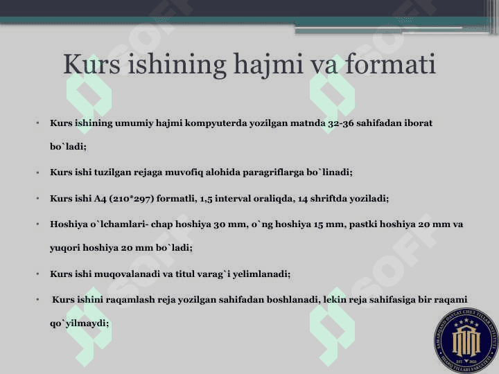 Kurs ishi va unga qo`yiladigan asosiy talablar 4