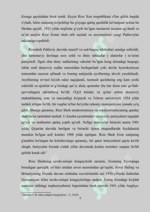 Eron Pahlaviylar sulolasi davrida zamonaviy davlatga aylanishi 5
