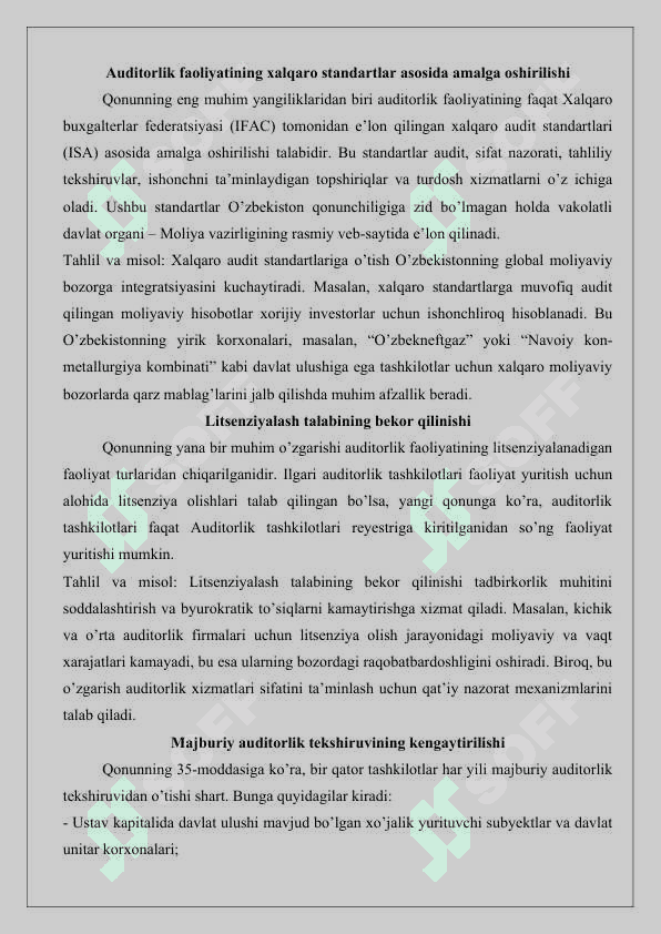 O’zbekiston Respublikasining “Auditorlik faoliyati to’g’risida”gi Qonuni, Toshkent, 2021 yil 25 fevral, O’RQ-677 esse 2