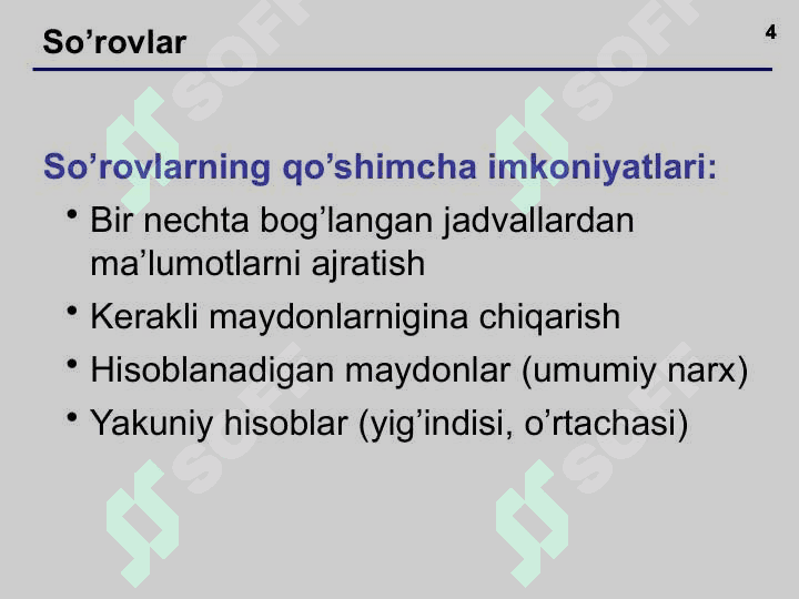 ACCESS da so’rovlar, formalar, hisobotlar yaratish 4