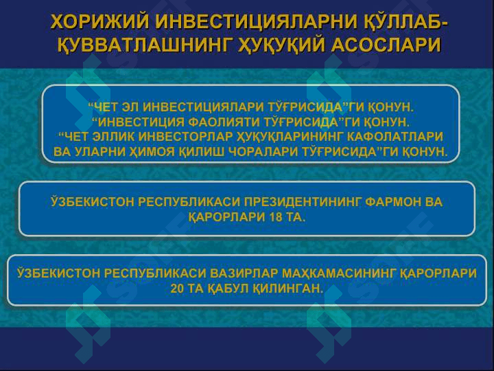 Ўзбекистон республикасида хорижий инвестицияларни жалб этишни рағбатлантиришга доир инвестицион қонунчиликдаги янги ташаббуслар 2
