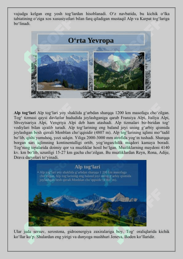 O`rta Yevropa mavzusida dars ishlanmasi. 2
